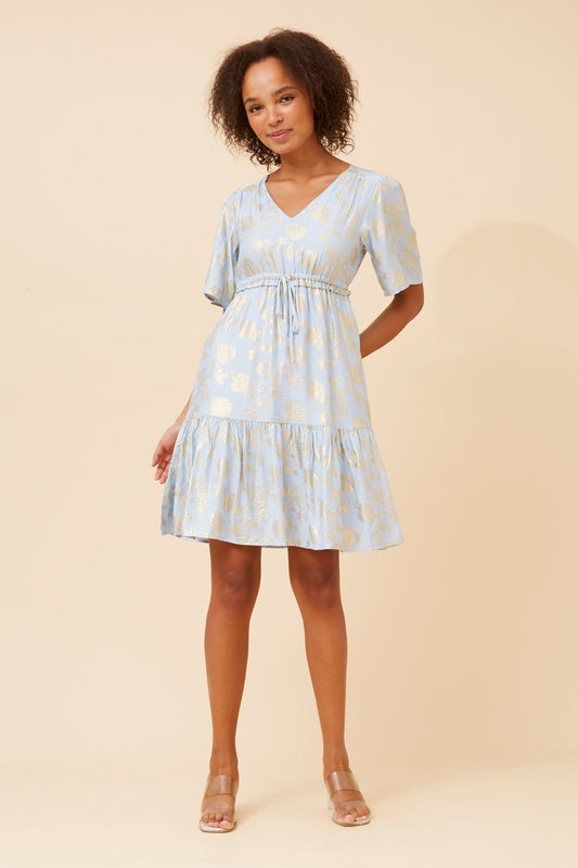 Image of Dresses. Product name - DIAMOND FOIL PRINT DRESS in Blue colour by brand - Caroline Morgan Australia