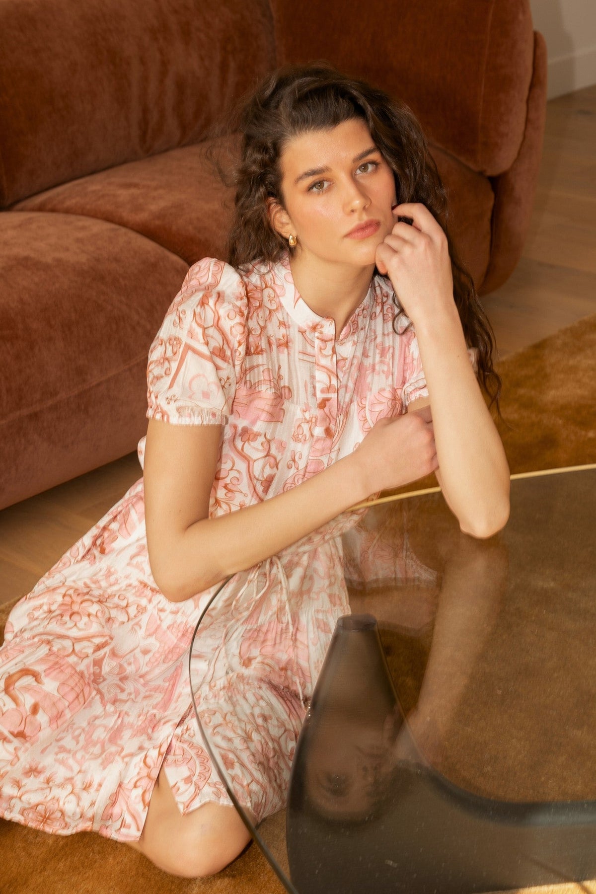 Image of Dresses. Product name - GEMICA TILE PRINT DRESS in Pink colour by brand - Caroline Morgan Australia