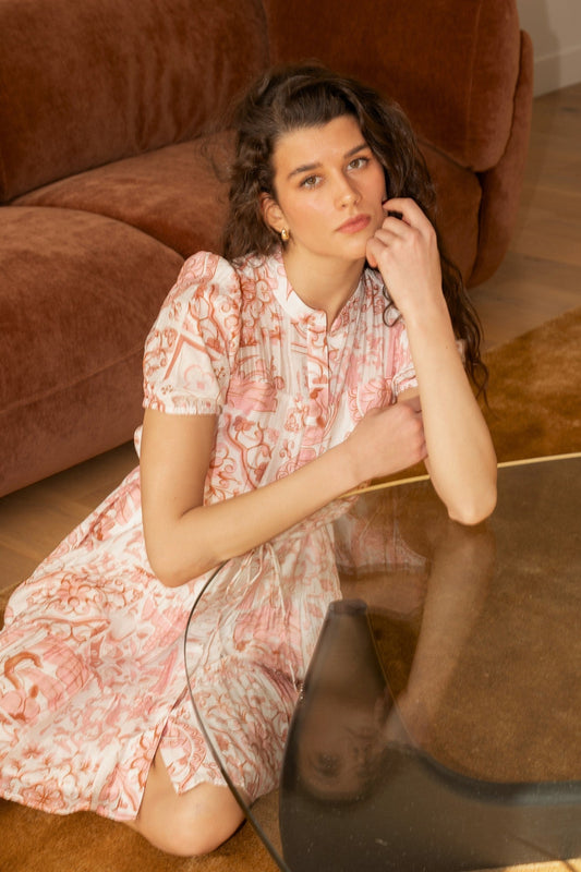 Image of Dresses. Product name - GEMICA TILE PRINT DRESS in Pink colour by brand - Caroline Morgan Australia