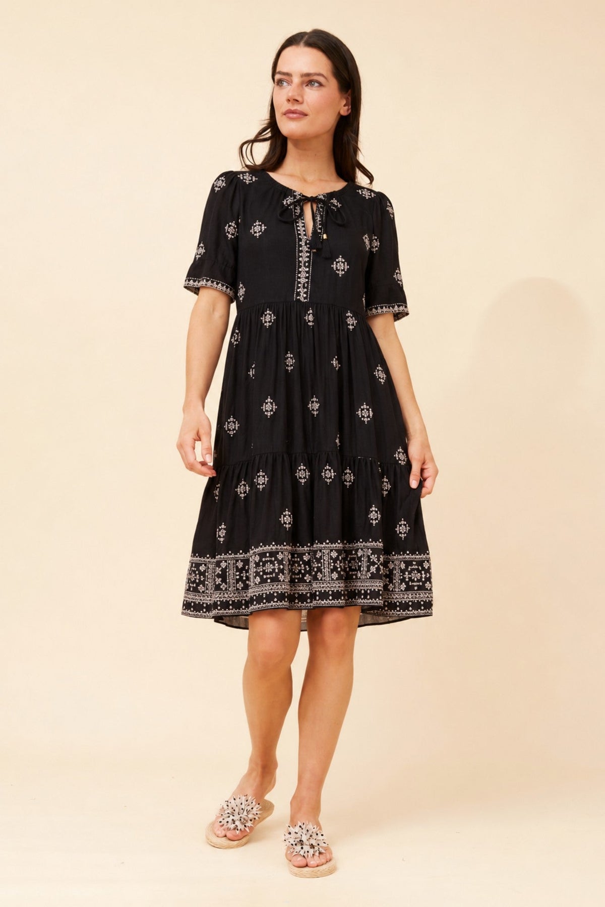 Image of Dresses. Product name - ALENA EMBROIDERED TIERED DRESS in Black colour by brand - MYSTIC MONSOON