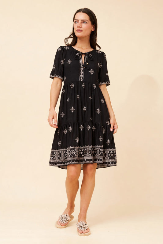 Image of Dresses. Product name - ALENA EMBROIDERED TIERED DRESS in Black colour by brand - MYSTIC MONSOON