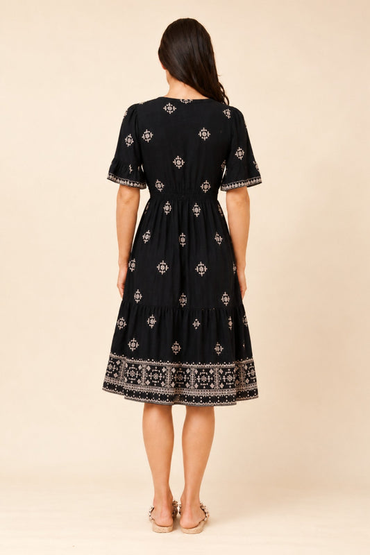 MYSTIC MONSOON ALENA EMBROIDERED TIERED DRESS (Black)