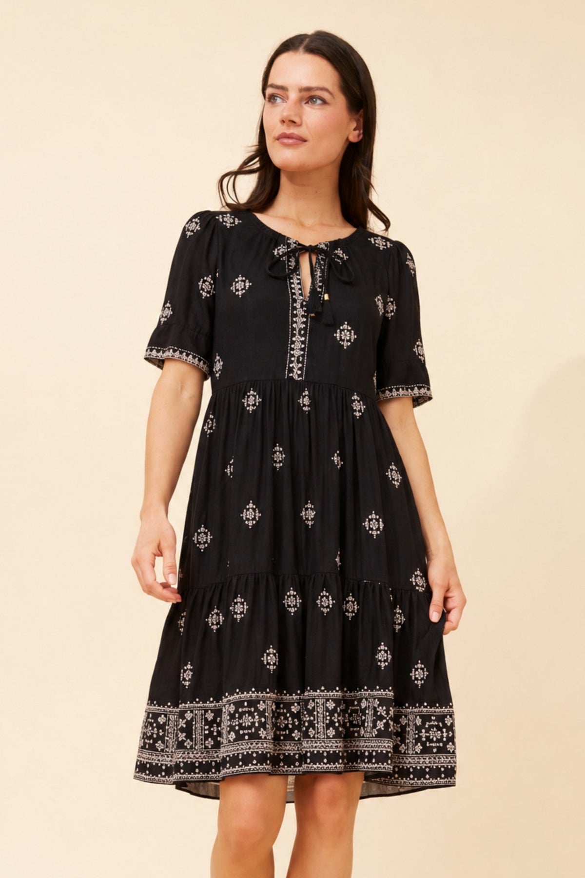MYSTIC MONSOON ALENA EMBROIDERED TIERED DRESS (Black)
