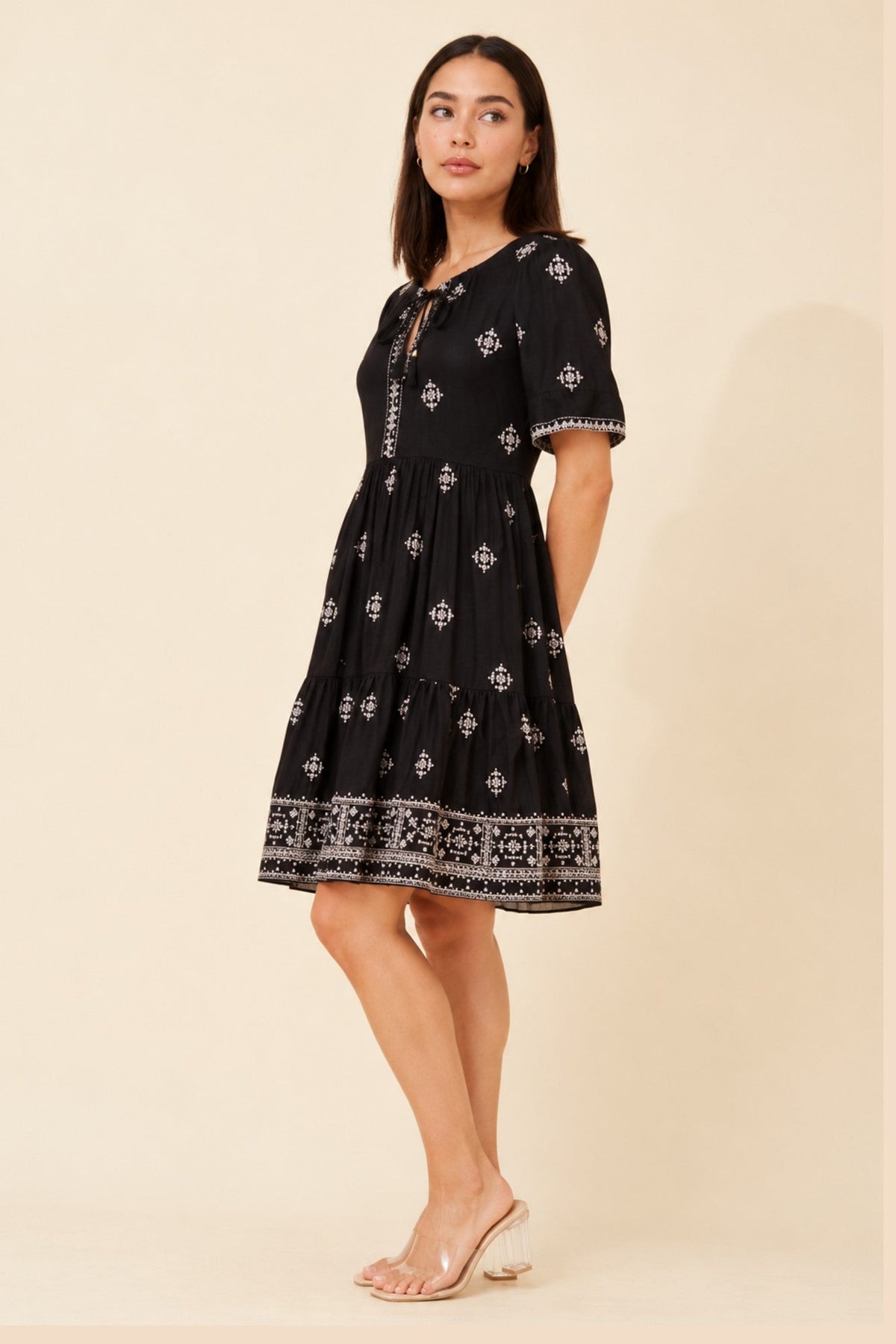MYSTIC MONSOON ALENA EMBROIDERED TIERED DRESS (Black)