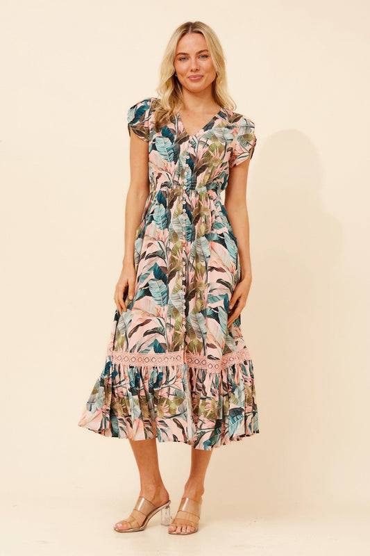 Image of Dresses. Product name - MOROCCO TROPICAL PRINT DRESS in Pink colour by brand - Caroline Morgan Australia
