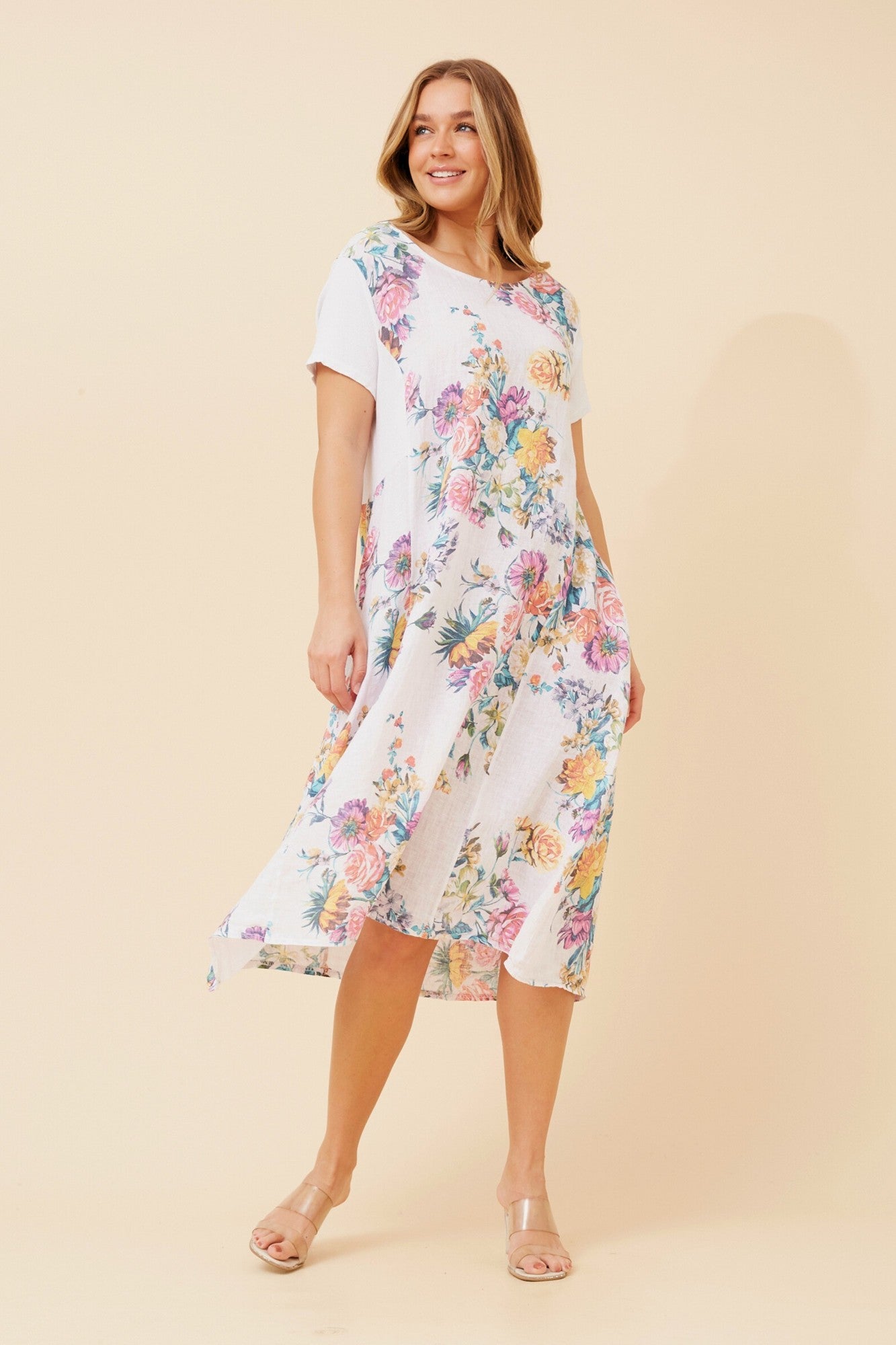 Image of Dresses. Product name - BATISTA FLORAL LINEN DRESS in White colour by brand - BOTTEGA MODA