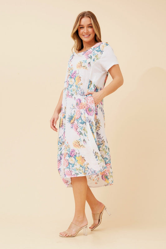 BATISTA FLORAL LINEN DRESS (White)
