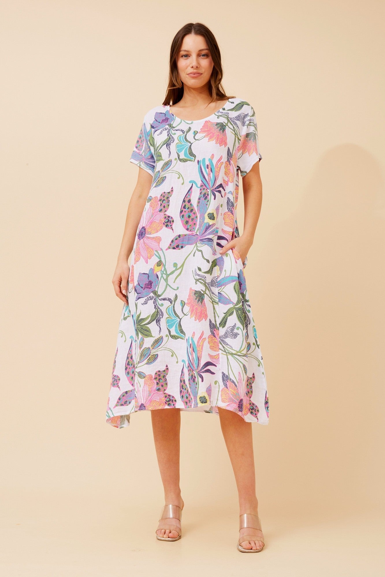 Image of Dresses. Product name - BATISTA FLORAL LINEN MIDI DRESS in Sage colour by brand - BOTTEGA MODA