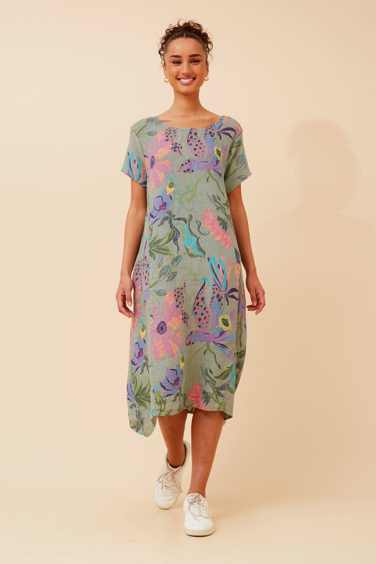 BATISTA FLORAL LINEN MIDI DRESS (Sage)
