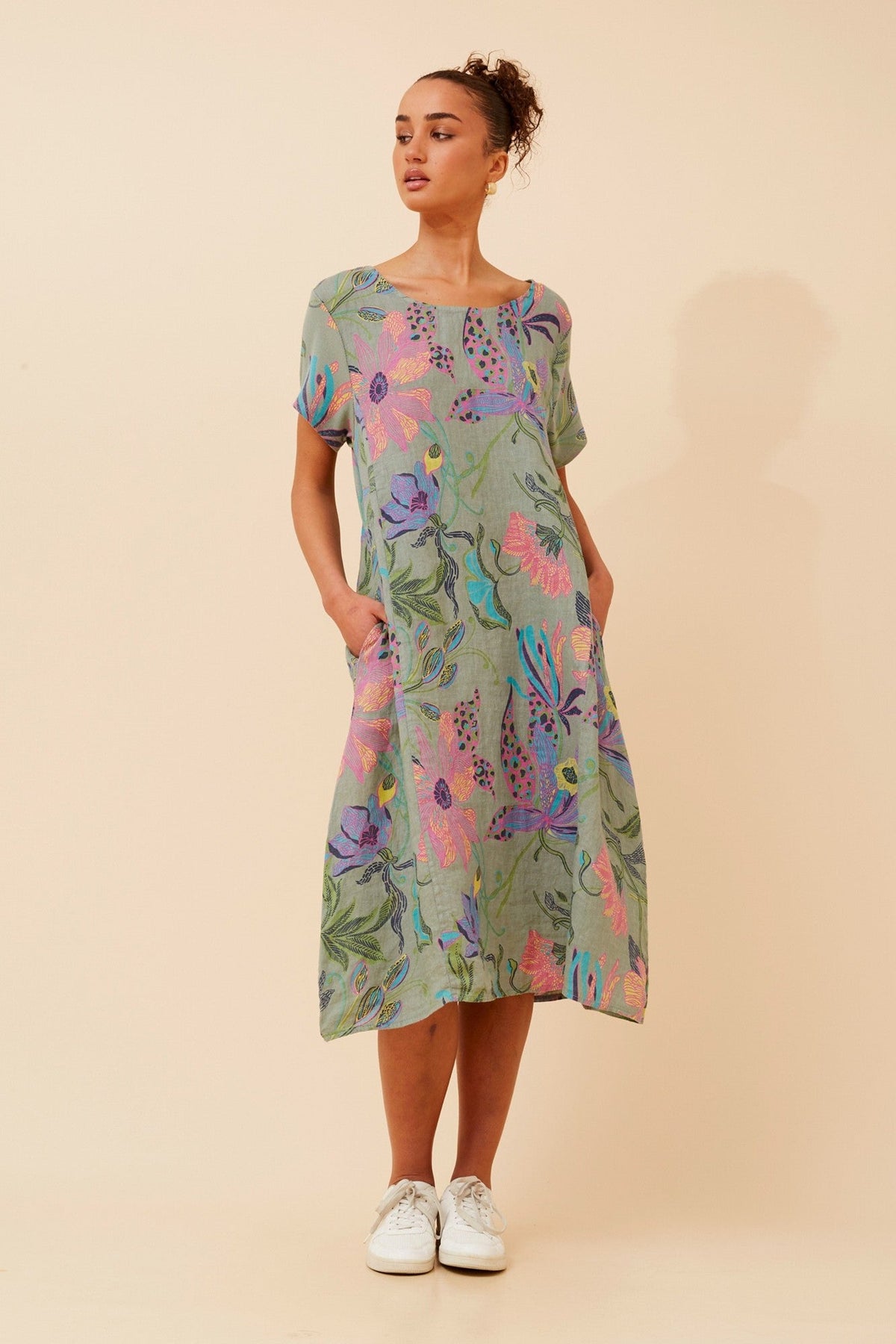 BATISTA FLORAL LINEN MIDI DRESS (Sage)