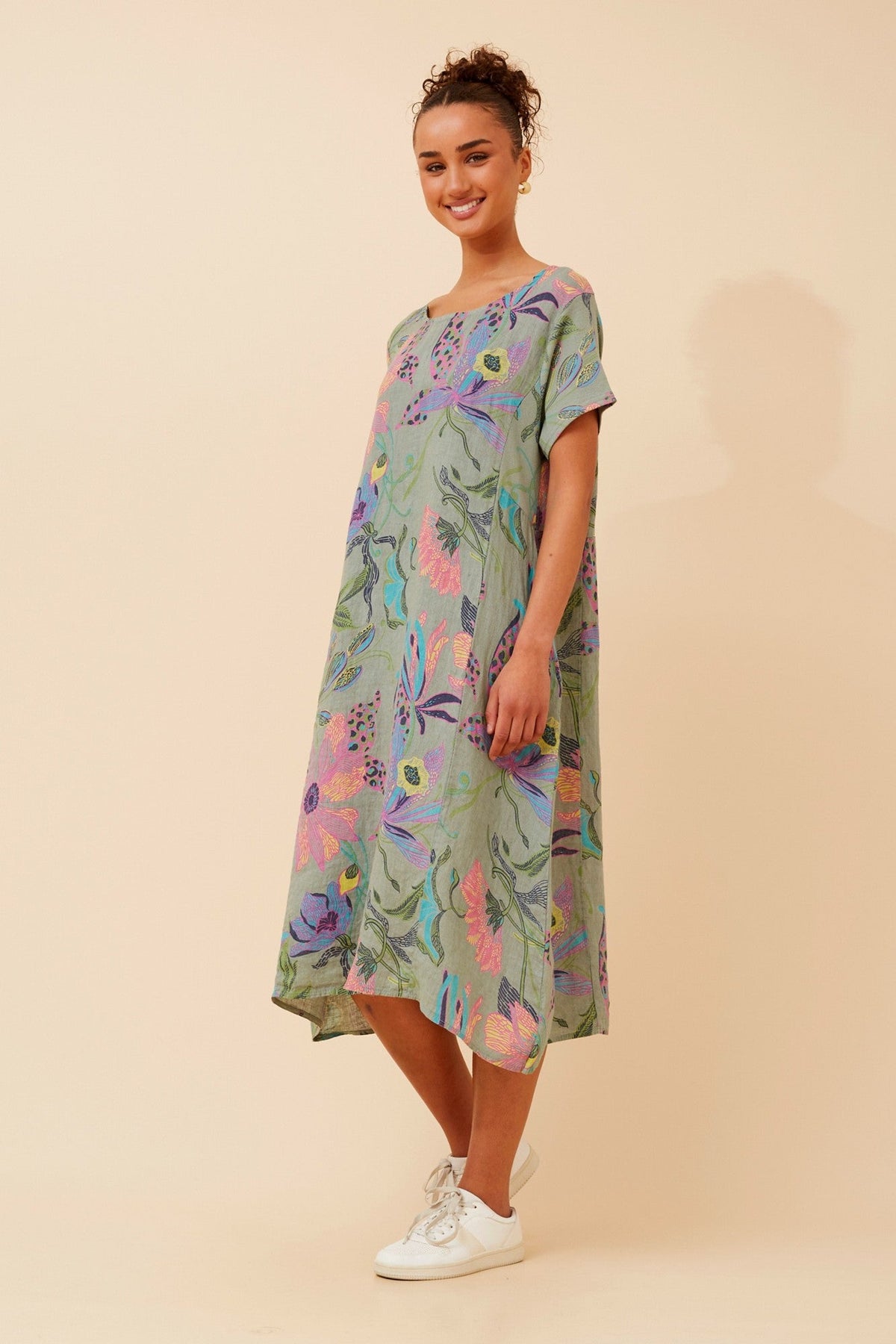 BATISTA FLORAL LINEN MIDI DRESS (Sage)