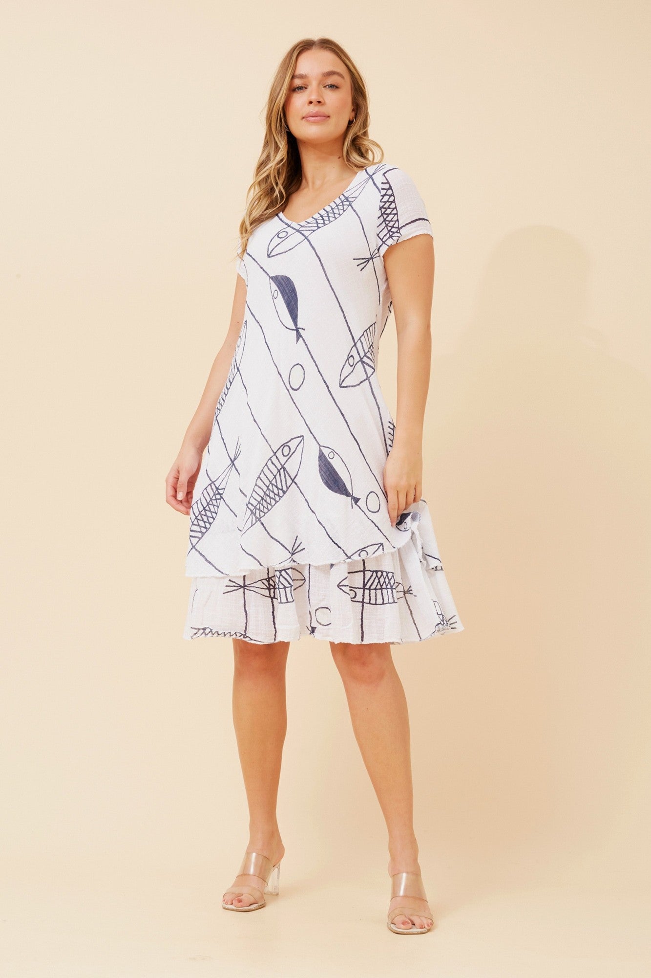 Image of Dresses. Product name - ELECTRA SEALIFE PRINT DRESS in Navy colour by brand - BOTTEGA MODA
