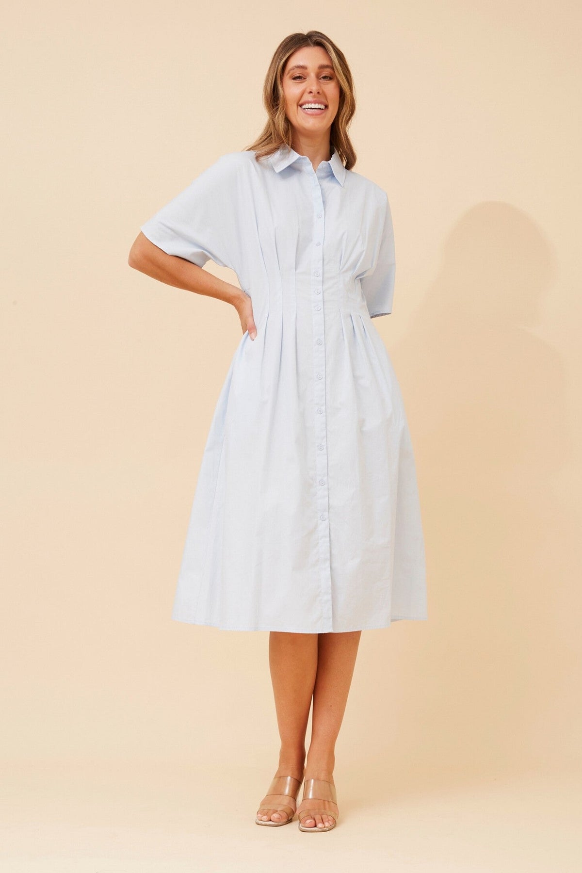 Image of Dresses. Product name - FRANCETTE SOLID SHIRT DRESS in Skylight colour by brand - Caroline Morgan Australia