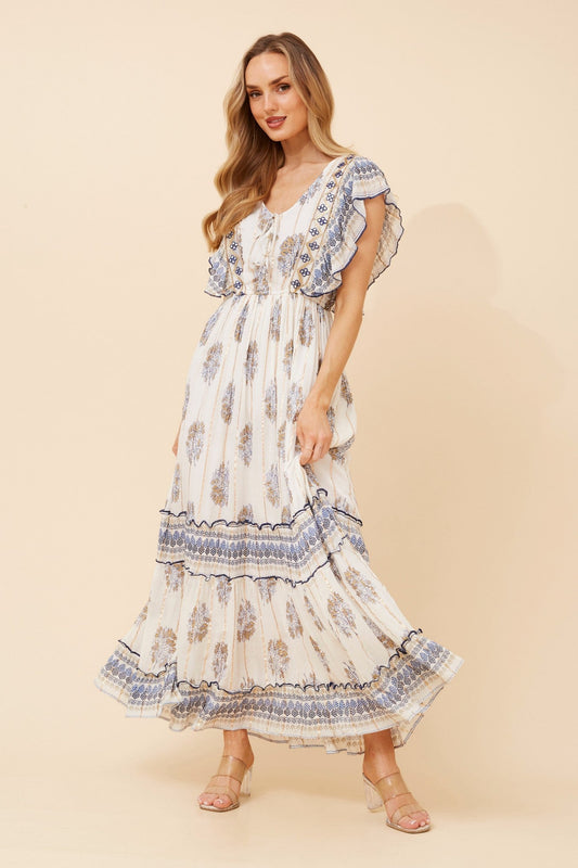 Image of Dresses. Product name - TANRIKA BOHO MAXI DRESS in Multi White colour by brand - MYSTIC MONSOON