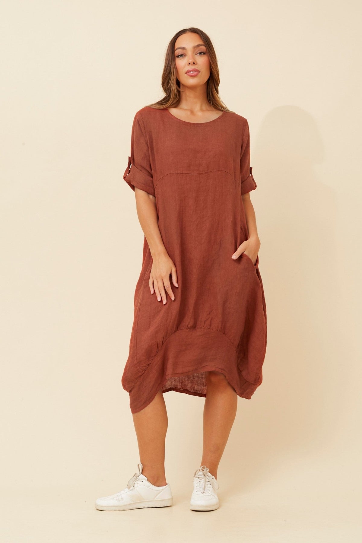 Image of Dresses. Product name - VALLA LINEN DRESS in Coccio colour by brand - BOTTEGA MODA