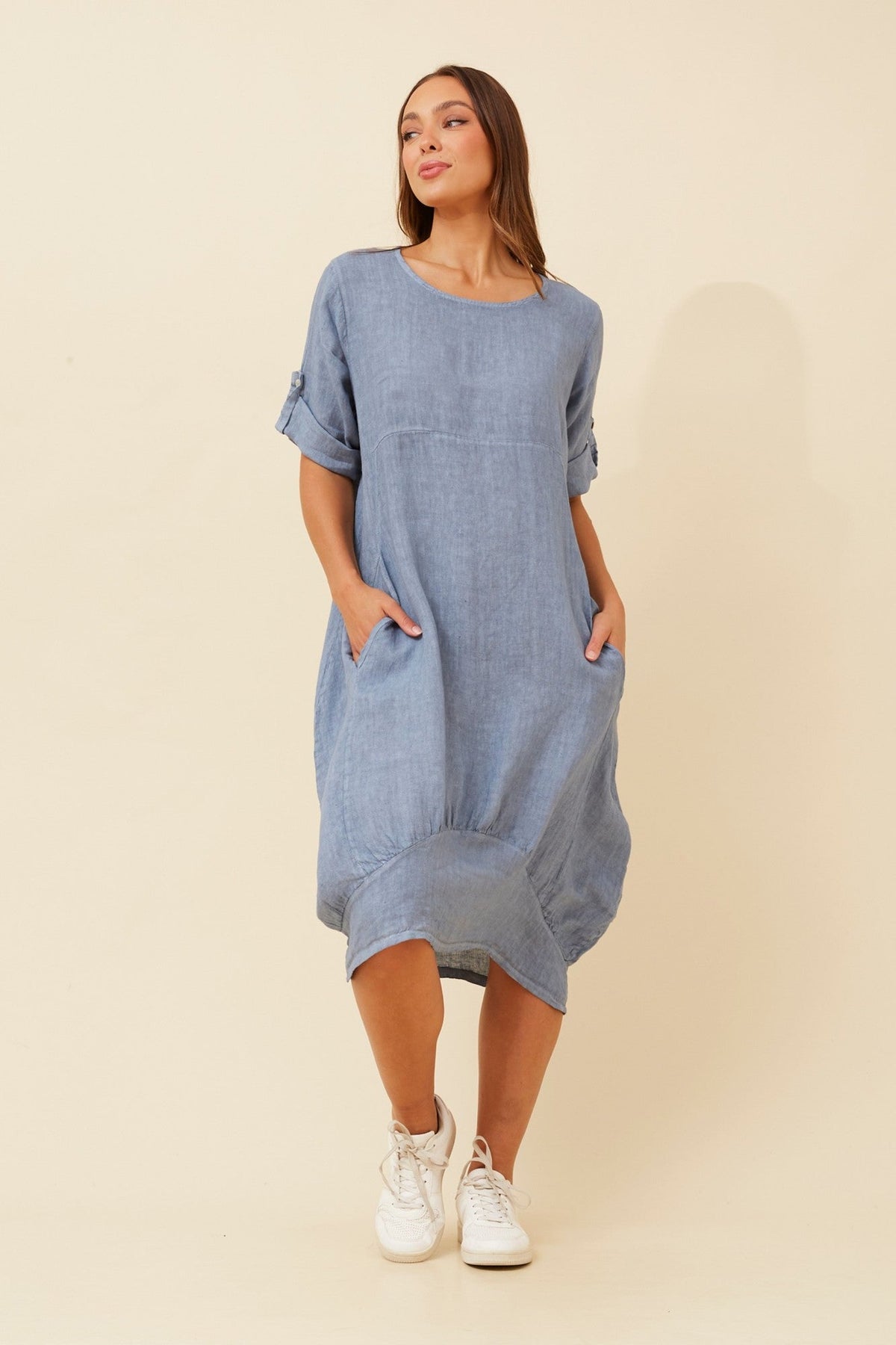 Image of Dresses. Product name - VALLA LINEN DRESS in Denim colour by brand - BOTTEGA MODA