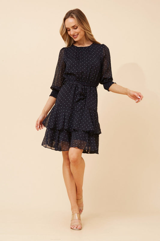 Image of Dresses. Product name - KYOMI POLKA DOT PRINT DRESS in Navy colour by brand - Caroline Morgan Australia