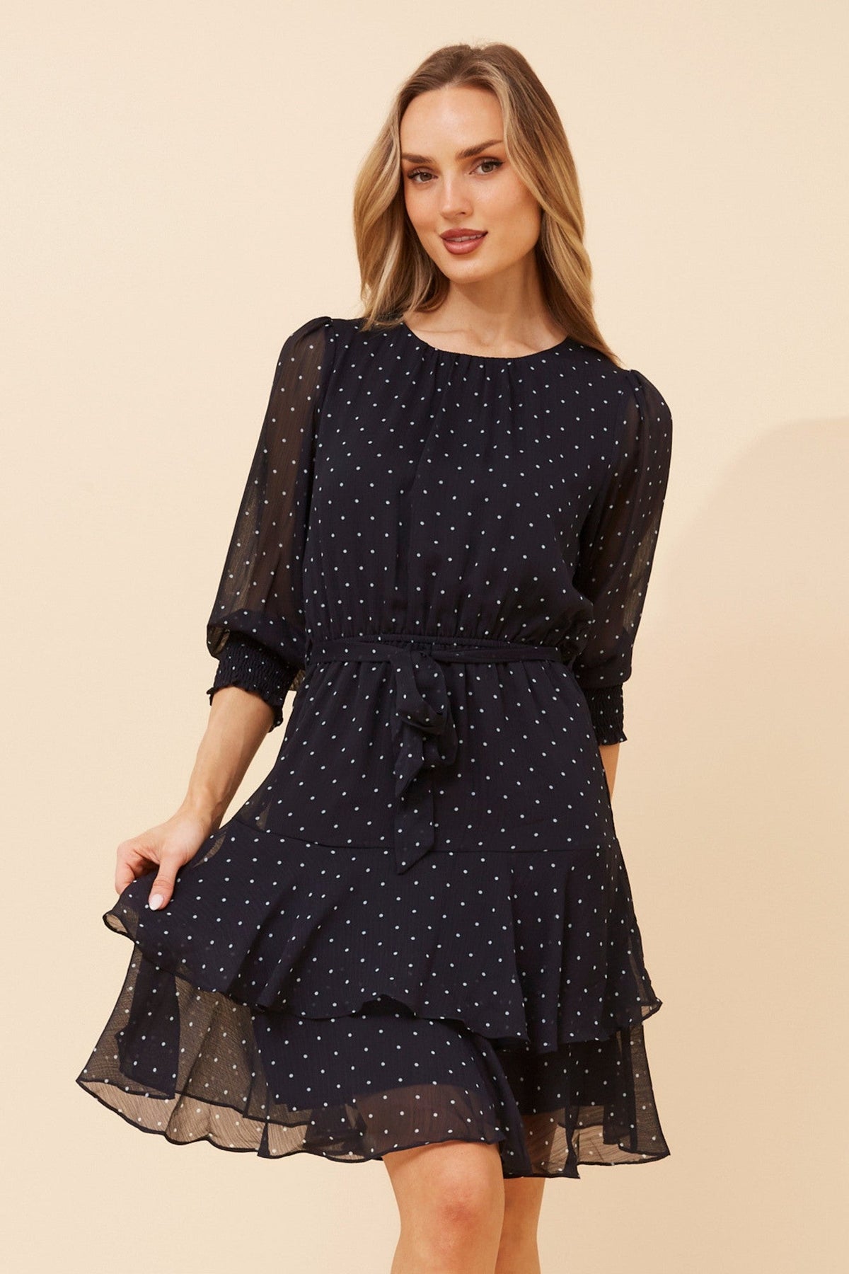 KYOMI POLKA DOT PRINT DRESS (Navy)