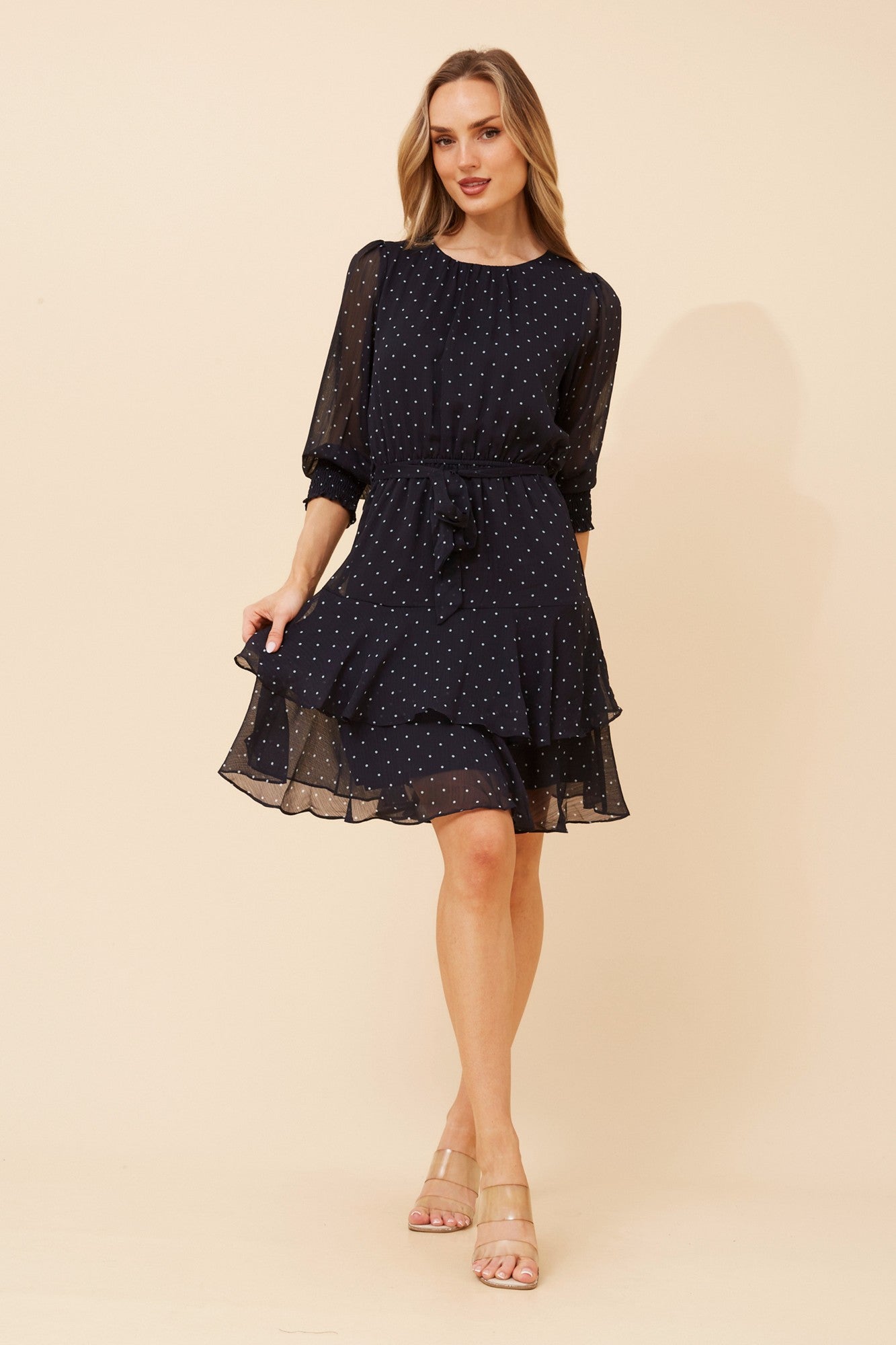 KYOMI POLKA DOT PRINT DRESS (Navy)