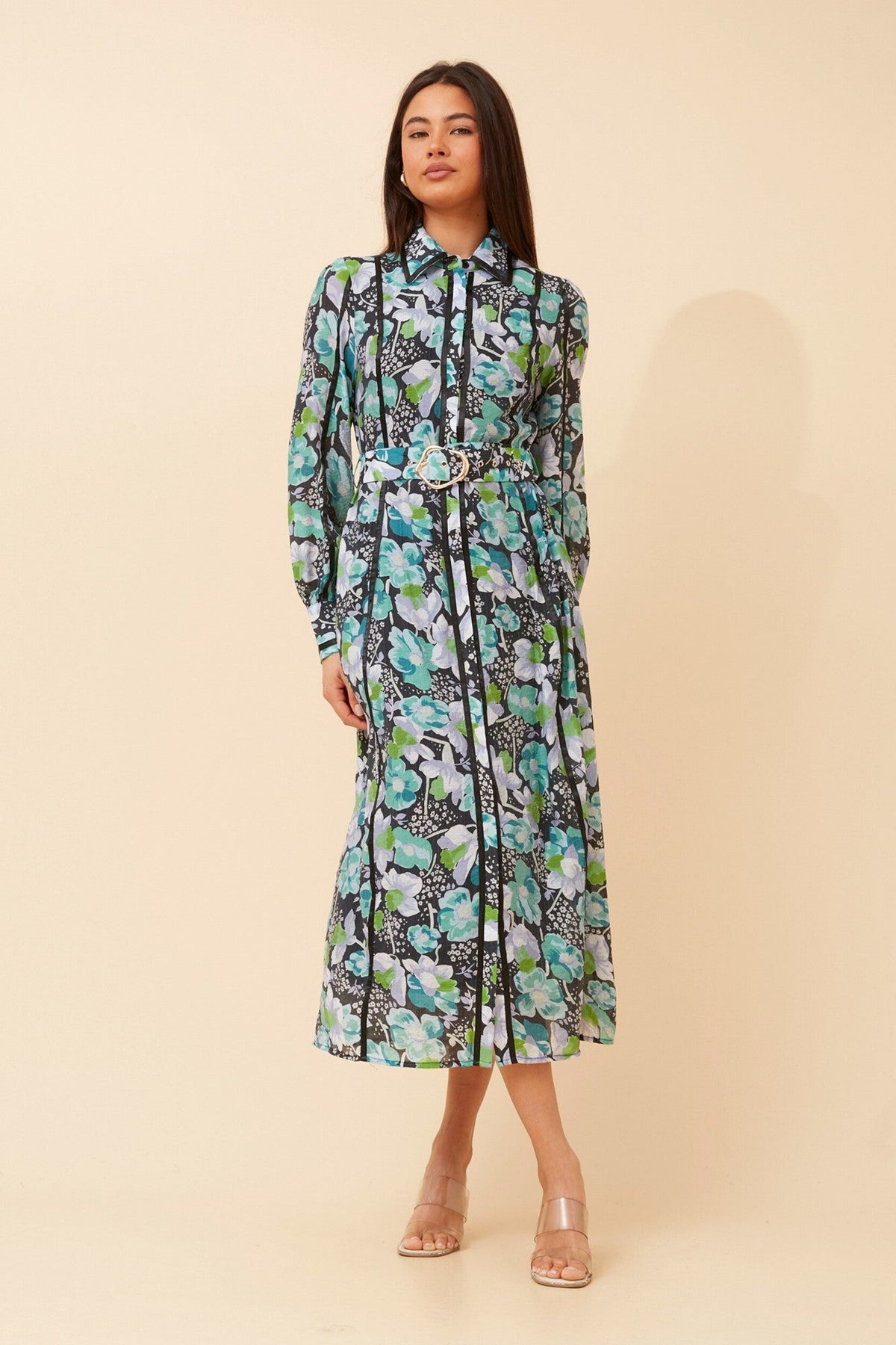 Image of Dresses. Product name - AGATHA FLORAL SHIRT DRESS in Multi Green colour by brand - Caroline Morgan Australia