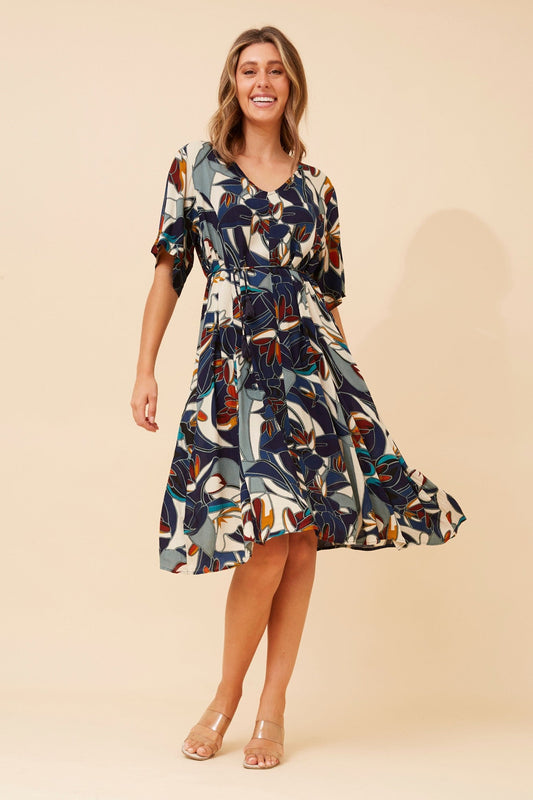 Image of Dresses. Product name - KALINDI ABSTRACT PRINT DRESS in Multi Navy colour by brand - MYSTIC MONSOON
