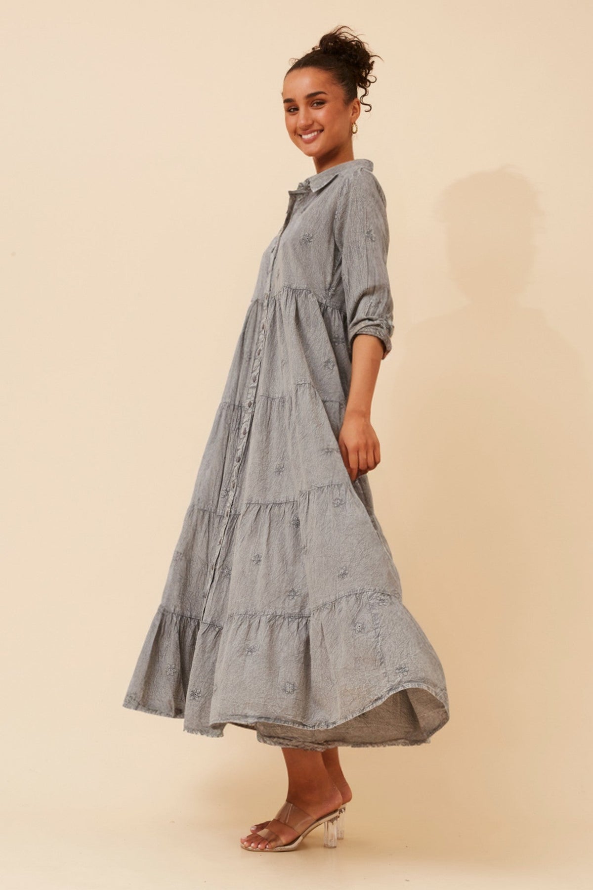 Image of Dresses. Product name - SAISHA EMBROIDERED MAXI DRESS in Grey colour by brand - MYSTIC MONSOON
