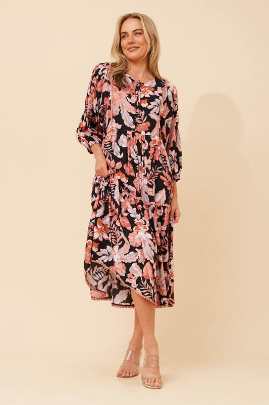 Image of Dresses. Product name - NEMY FLORAL MIDI DRESS in Multi Black colour by brand - Caroline Morgan Australia