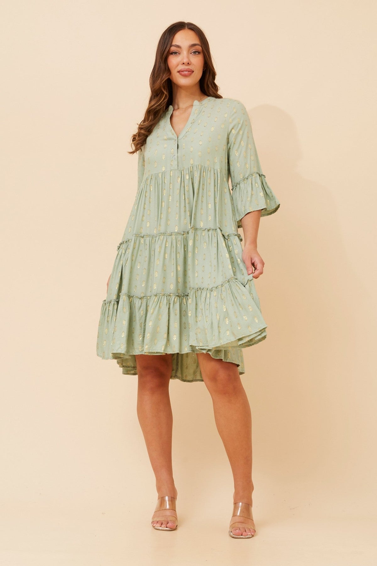 Image of Dresses. Product name - SARIKA LUREX TIERED DRESS in Sage colour by brand - MYSTIC MONSOON