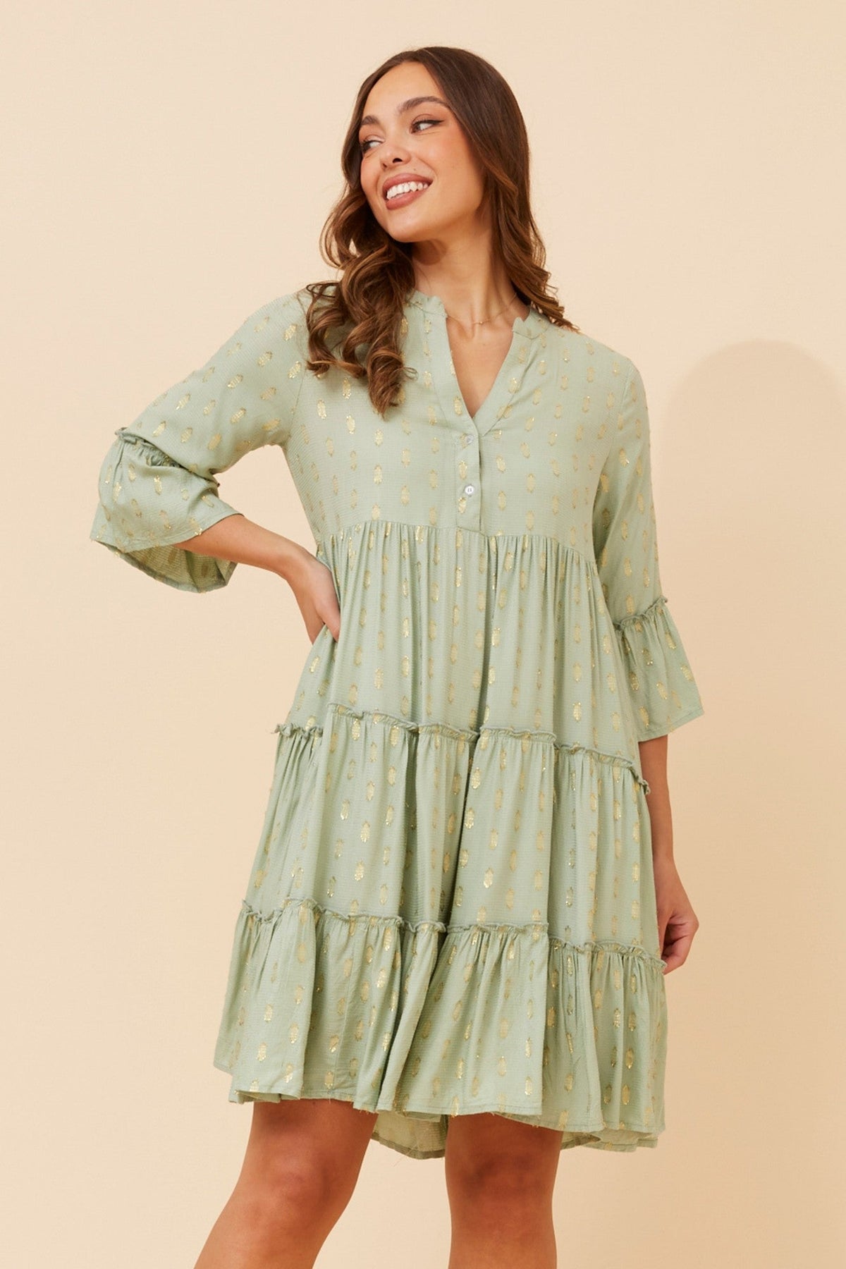 SARIKA LUREX TIERED DRESS (Sage)