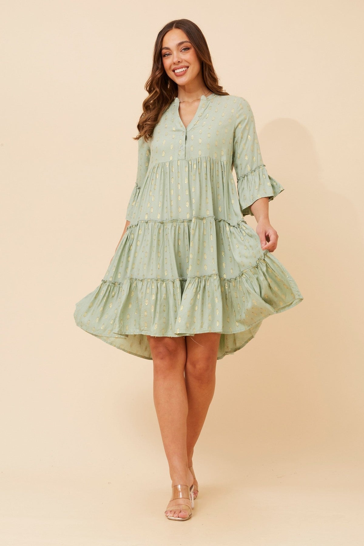 SARIKA LUREX TIERED DRESS (Sage)