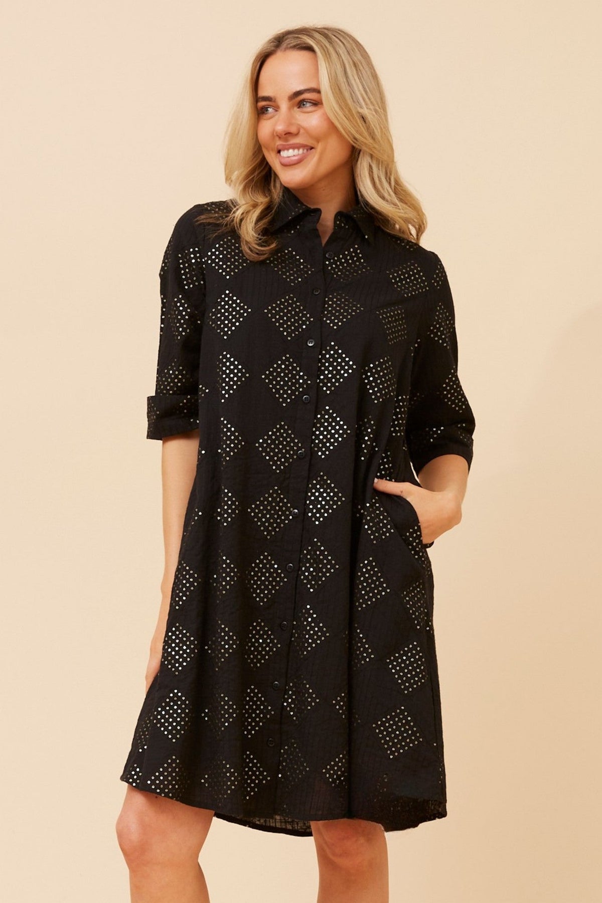 ESHANI SEQUIN SHIRT DRESS (Black)