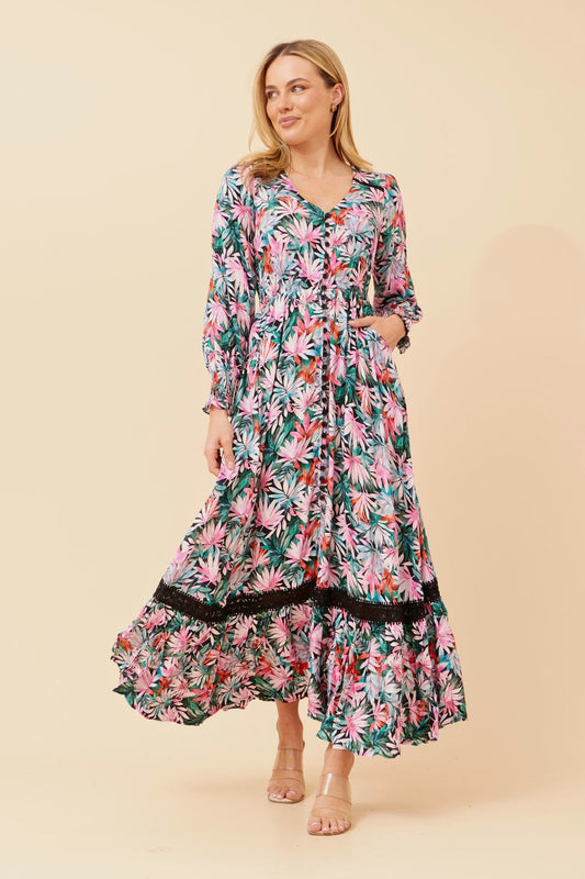 Image of Dresses. Product name - MARRAKECH LEAF PRINT MAXI DRESS in Multi Pink colour by brand - Caroline Morgan Australia
