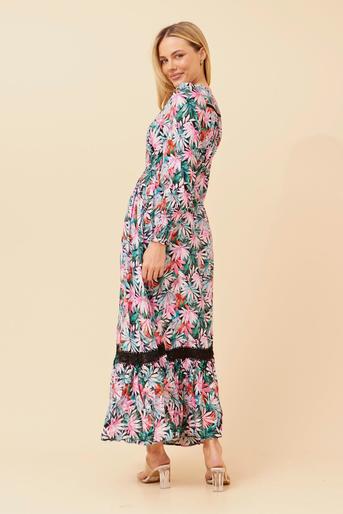 MARRAKECH LEAF PRINT MAXI DRESS (Multi Pink)