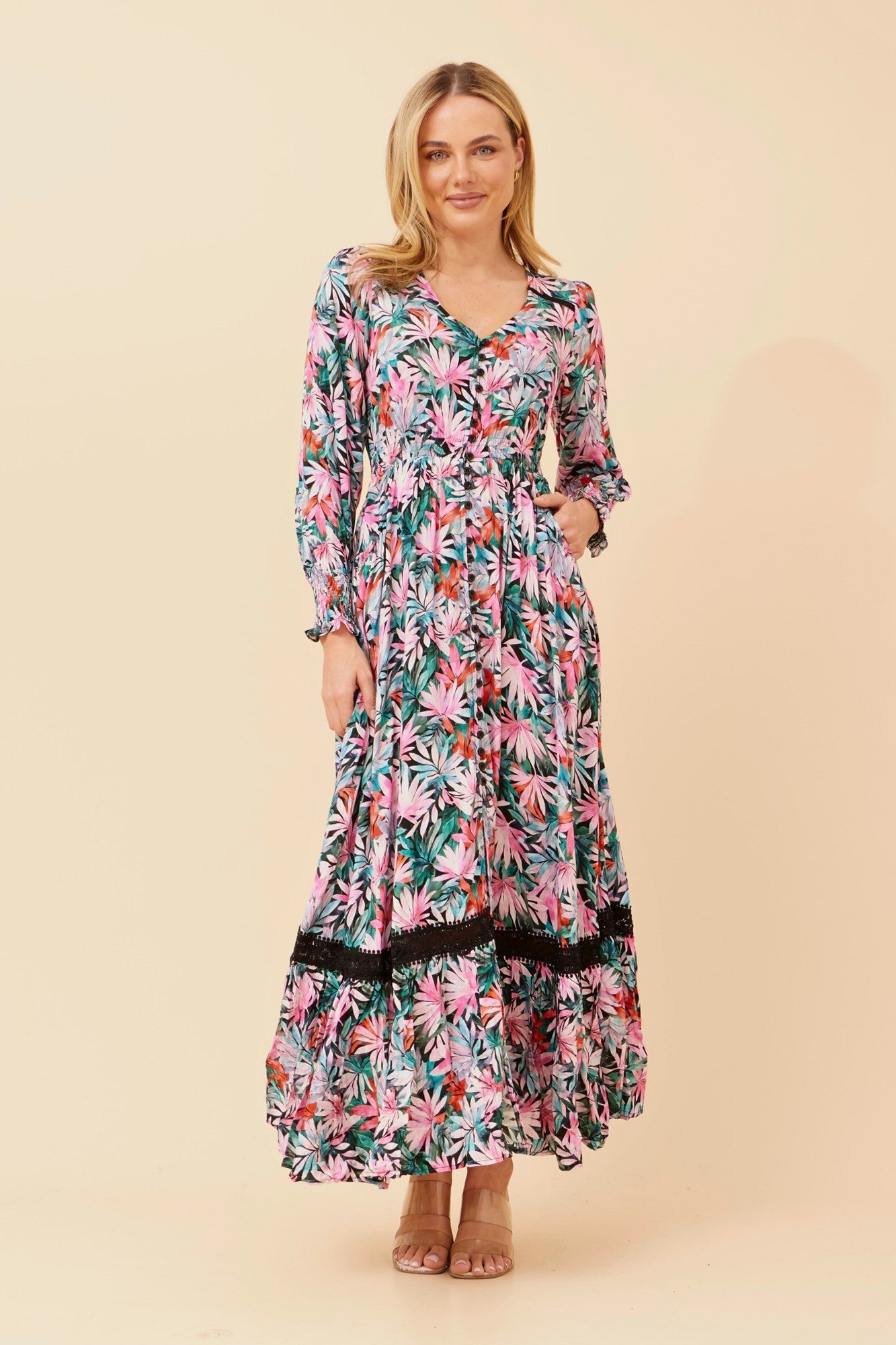 MARRAKECH LEAF PRINT MAXI DRESS (Multi Pink)