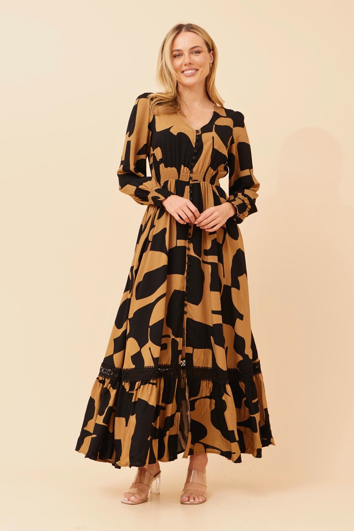 Image of Dresses. Product name - MARRAKECH ABSTRACT PRINT MAXI DRESS in Toffee colour by brand - Caroline Morgan Australia