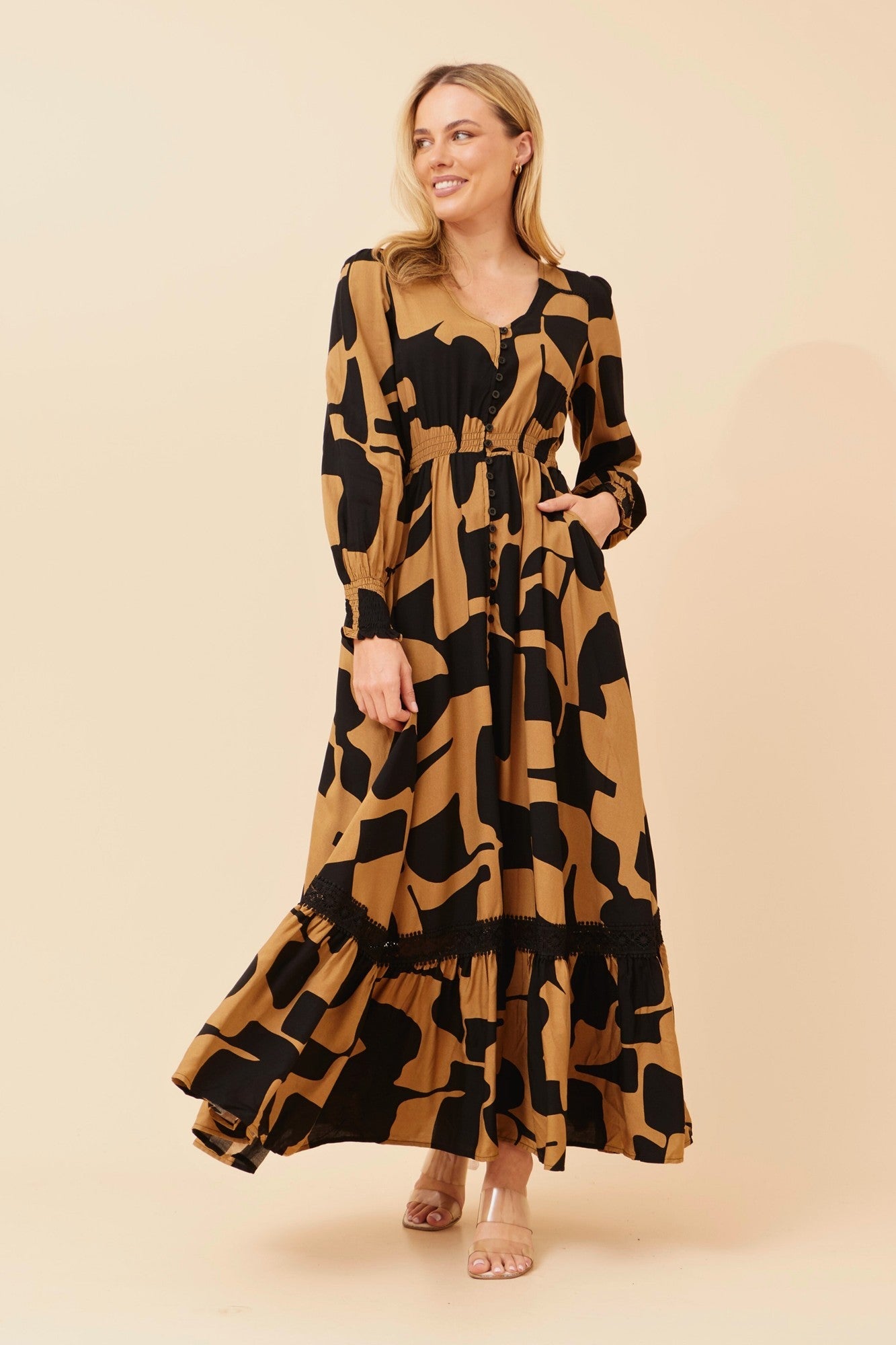 MARRAKECH ABSTRACT PRINT MAXI DRESS (Toffee)