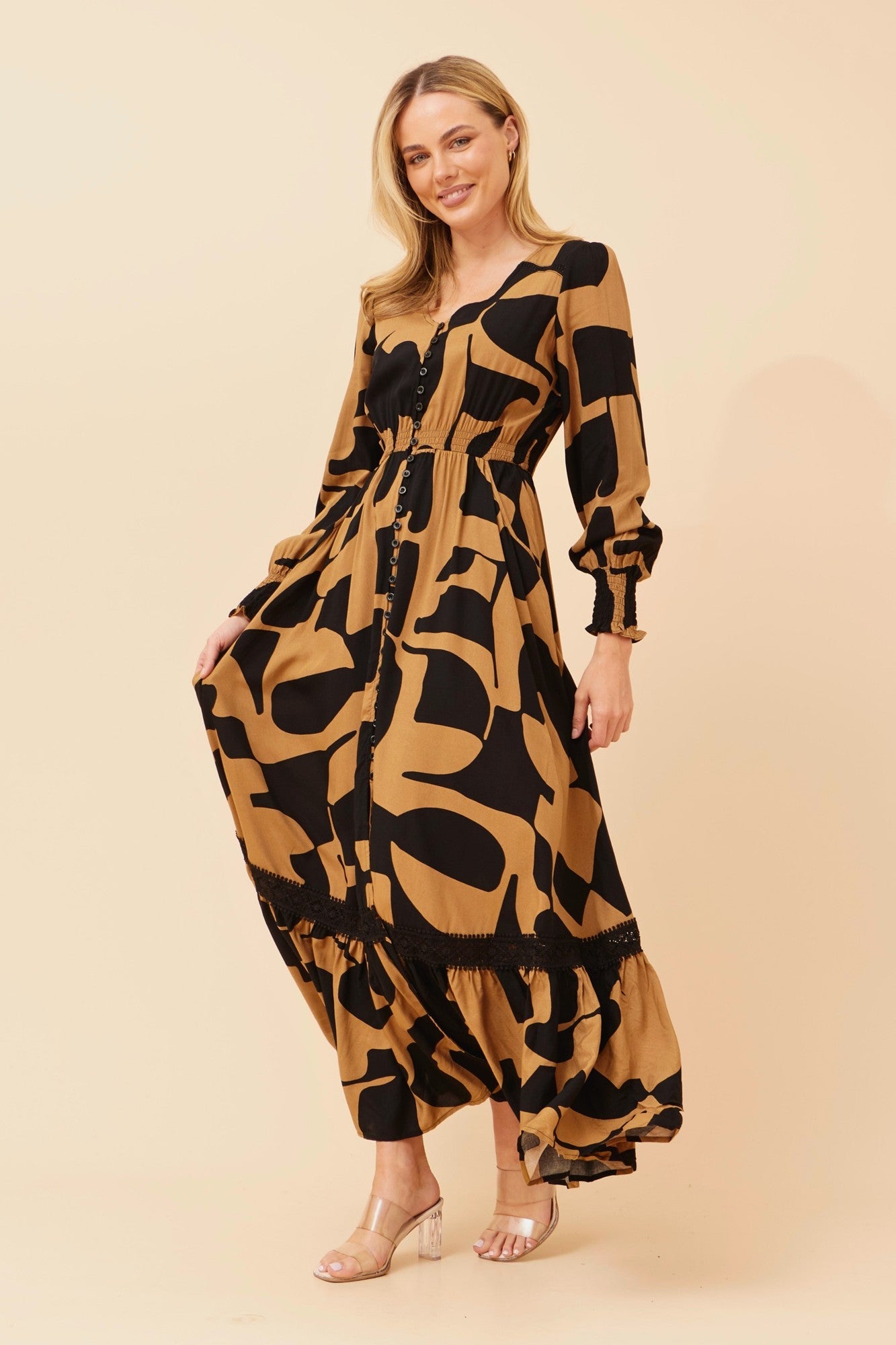 MARRAKECH ABSTRACT PRINT MAXI DRESS (Toffee)