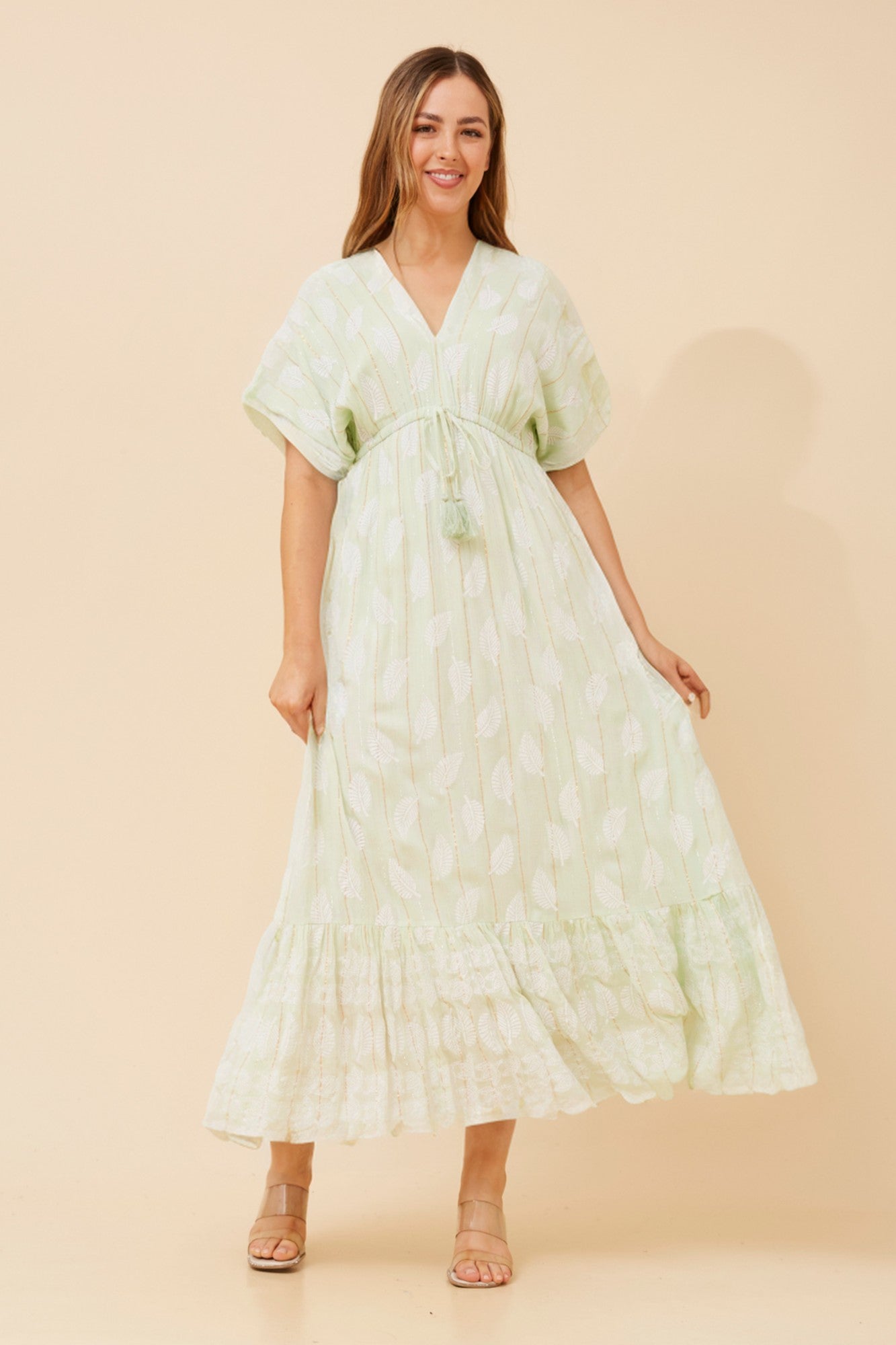 Image of Dresses. Product name - CHRISTINA LEAF PRINT MAXI DRESS in Mint colour by brand - MYSTIC MONSOON