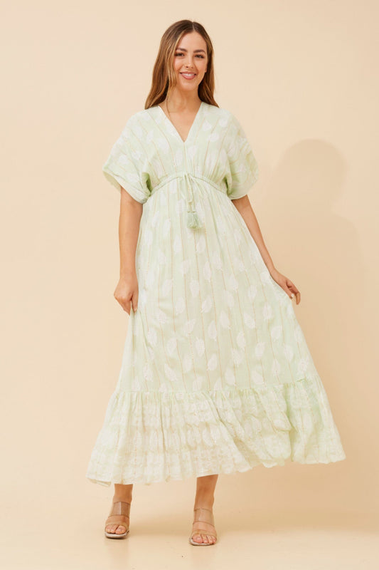 Image of Dresses. Product name - CHRISTINA LEAF PRINT MAXI DRESS in Mint colour by brand - MYSTIC MONSOON
