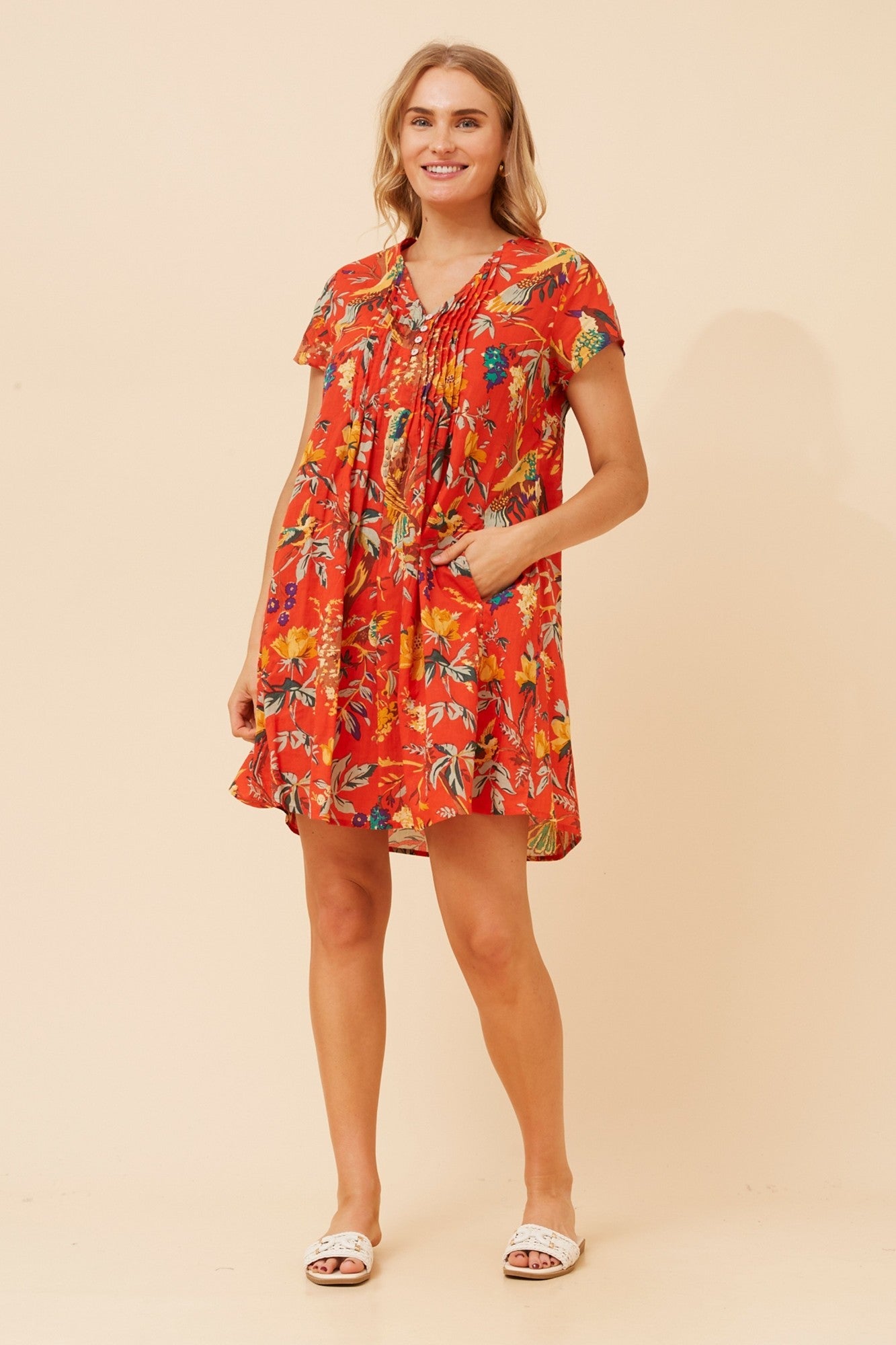 Image of Dresses. Product name - SHALIMAR BOTANICAL PRINT DRESS in Orange colour by brand - MYSTIC MONSOON
