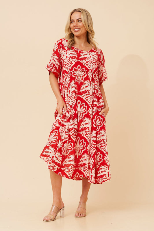 Image of Dresses. Product name - CARLA LEAF PRINT MIDI DRESS in Red colour by brand - MYSTIC MONSOON