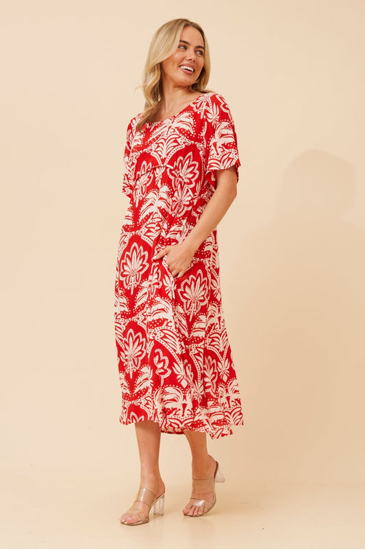 CARLA LEAF PRINT MIDI DRESS (Red)