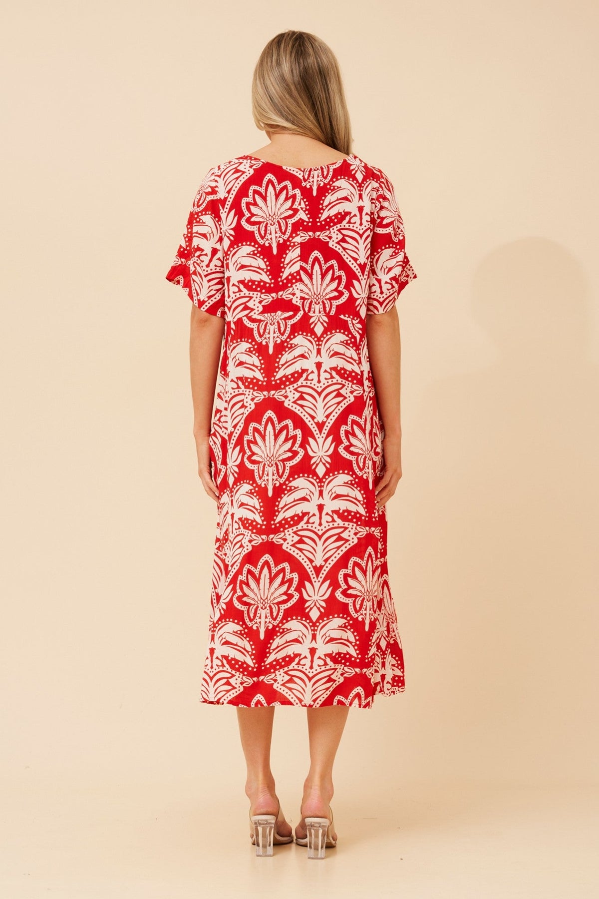 CARLA LEAF PRINT MIDI DRESS (Red)