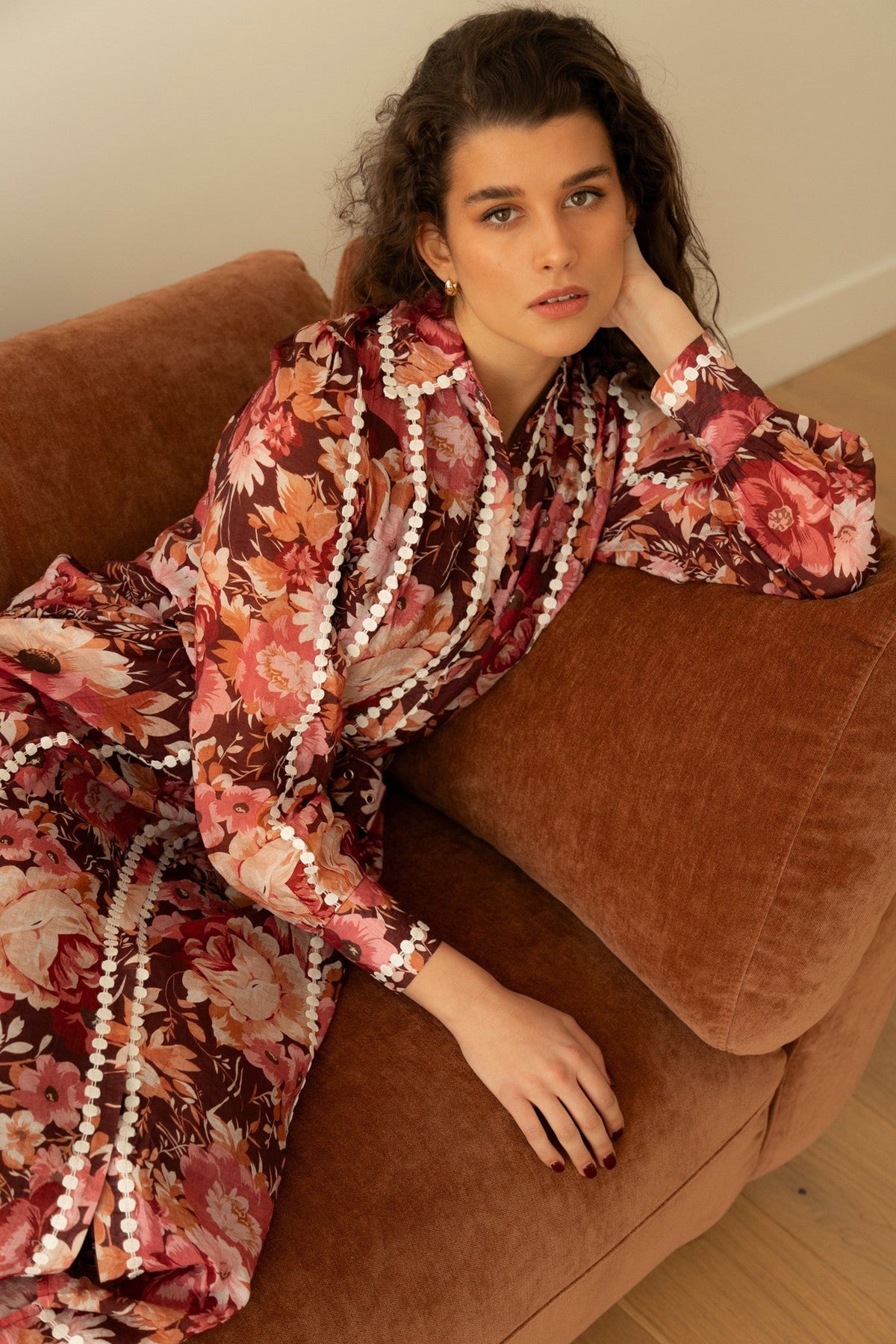 Image of Dresses. Product name - AGATHA FLORAL SHIRT DRESS in Burgundy colour by brand - Caroline Morgan Australia