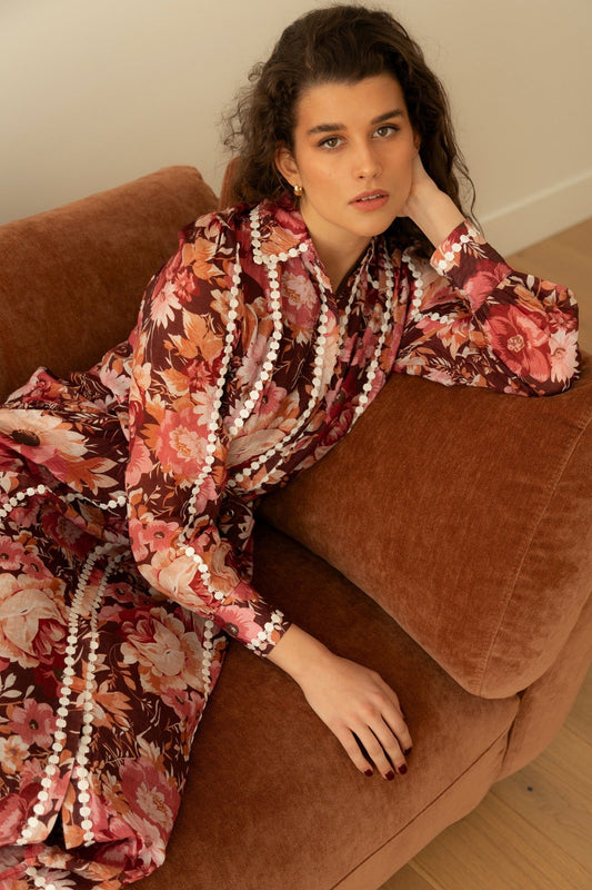 Image of Dresses. Product name - AGATHA FLORAL SHIRT DRESS in Burgundy colour by brand - Caroline Morgan Australia