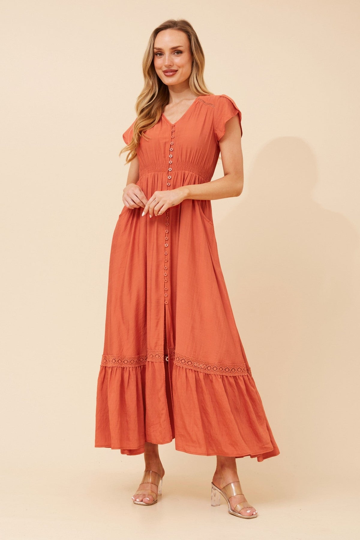 Image of Dresses. Product name - MOROCCO BOHO PRINT MAXI DRESS in Burnt Sienna colour by brand - Caroline Morgan Australia