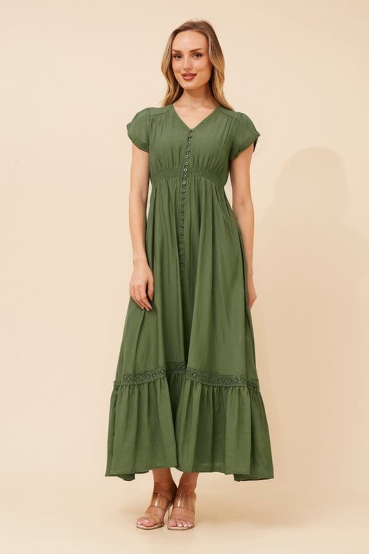 Image of Dresses. Product name - MOROCCO BOHO PRINT MAXI DRESS in Khaki colour by brand - Caroline Morgan Australia