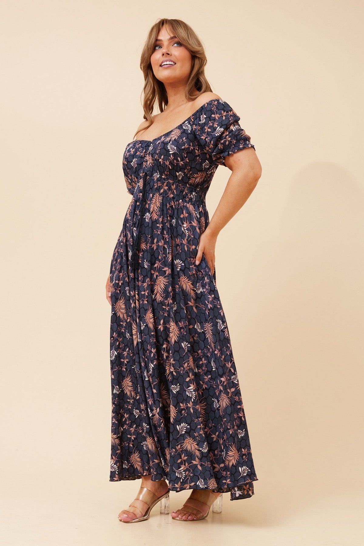 Image of Dresses. Product name - DAISY LEAF PRINT MAXI DRESS in Navy colour by brand - Caroline Morgan Australia