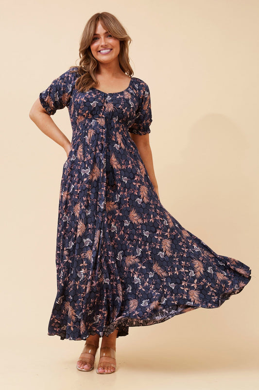 DAISY LEAF PRINT MAXI DRESS (Navy)