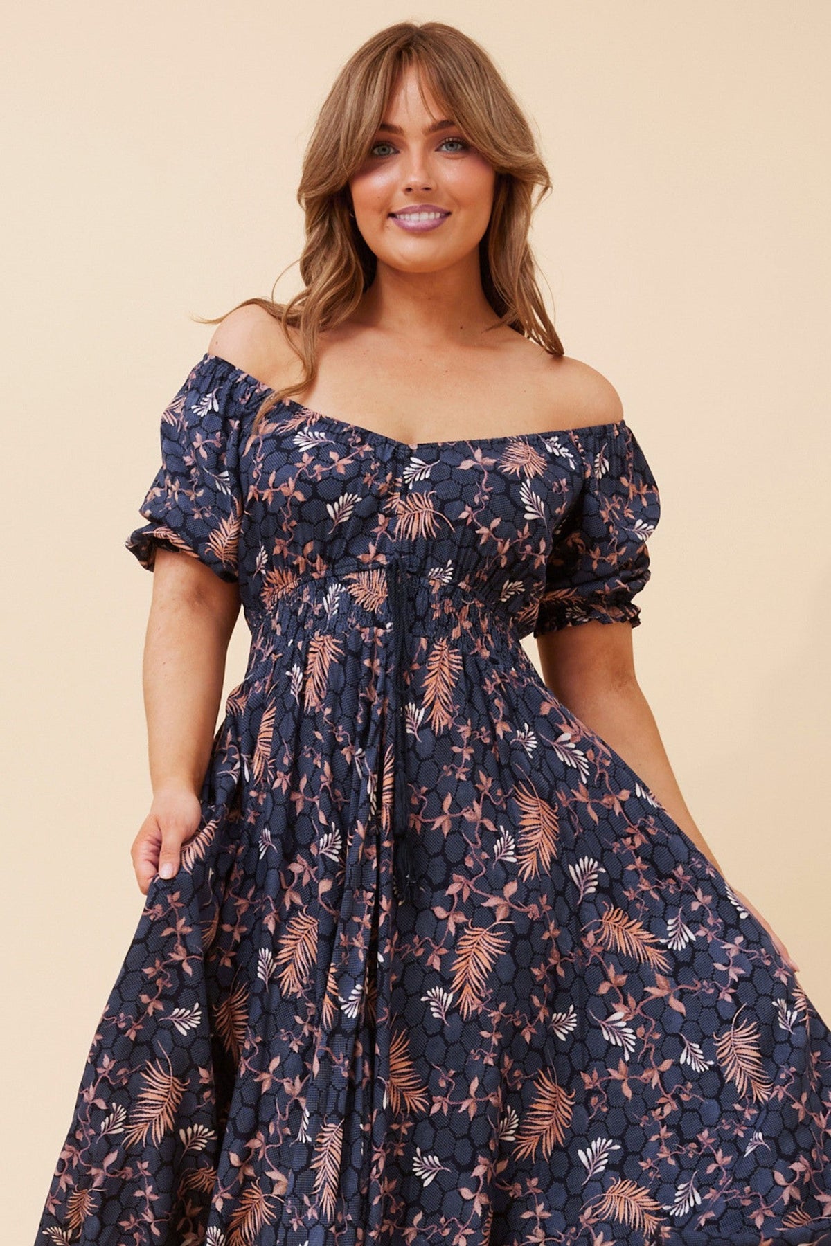 DAISY LEAF PRINT MAXI DRESS (Navy)